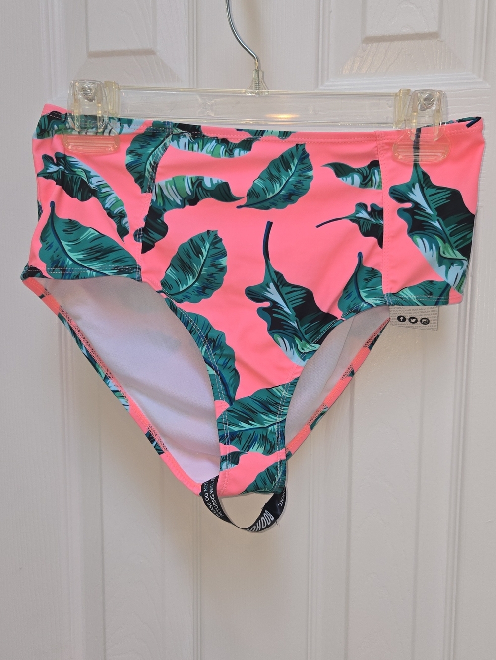 Boohoo Pink High-Waist Bikini Bottom with Green Tropical Leaf Print